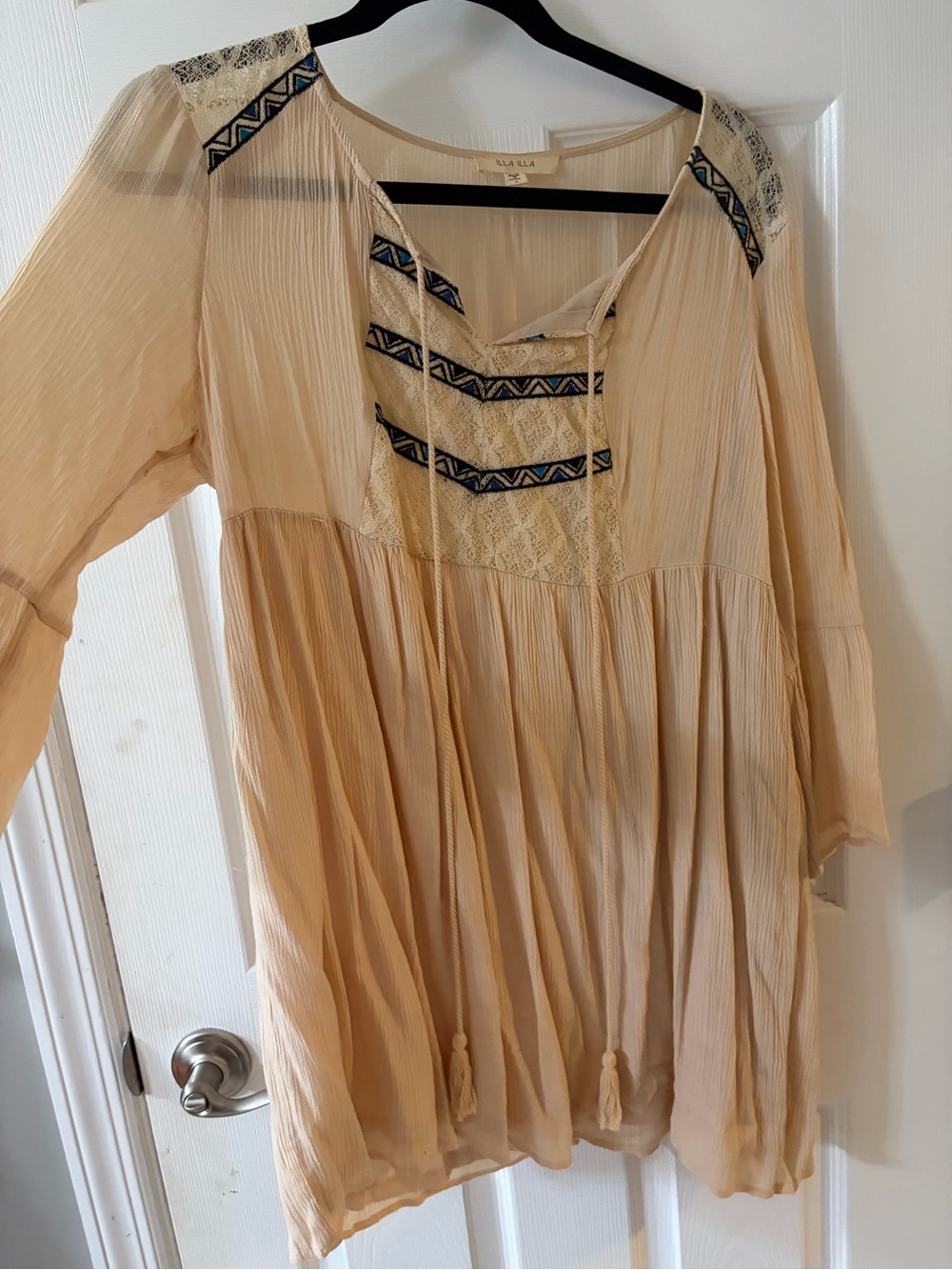 ILLA ILLA Cream Boho Tunic Dress with Navy Embroidery